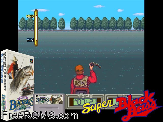Super Black Bass SNES game showing 3D box cover and gameplay screenshot