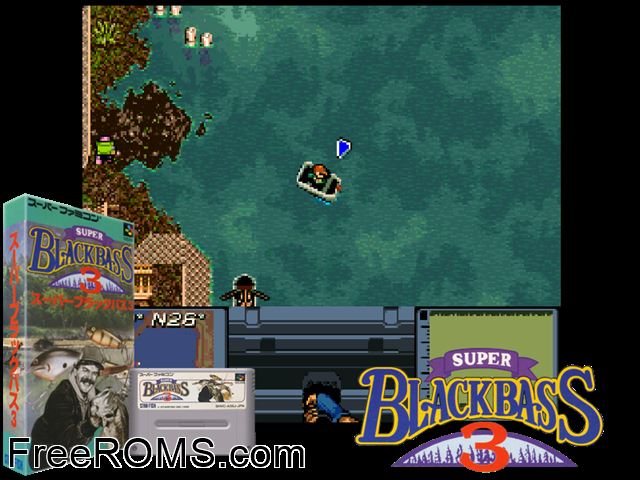 Super Black Bass 3 SNES game showing 3D box cover and gameplay screenshot