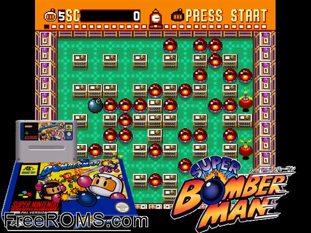 Super Bomberman SNES game showing 3D box cover and gameplay screenshot