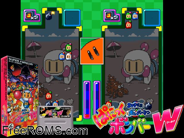 Super Bomberman - Panic Bomber W SNES game showing 3D box cover and gameplay screenshot