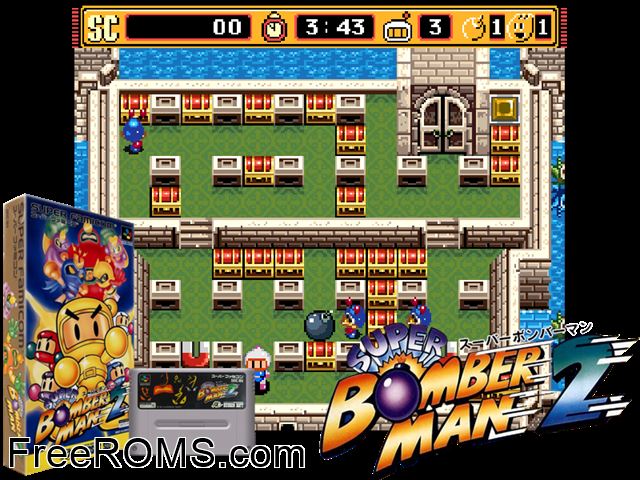 Super Bomberman 2 SNES game showing 3D box cover and gameplay screenshot