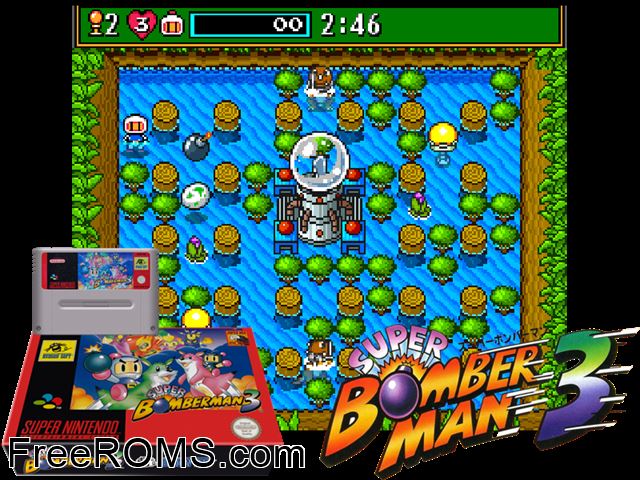 Super Bomberman 3 SNES game showing 3D box cover and gameplay screenshot