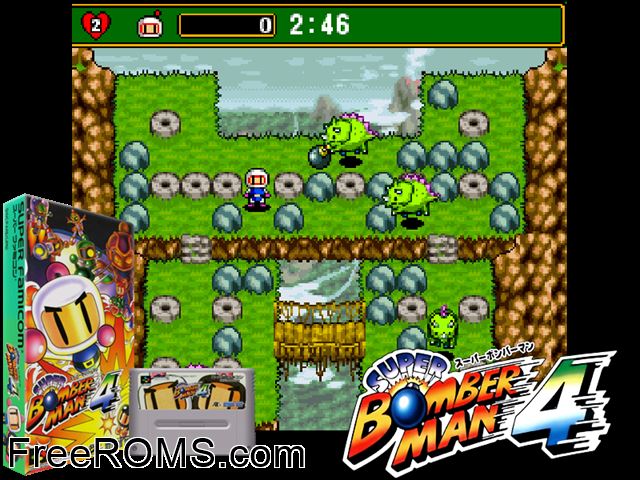 Super Bomberman 4 SNES game showing 3D box cover and gameplay screenshot