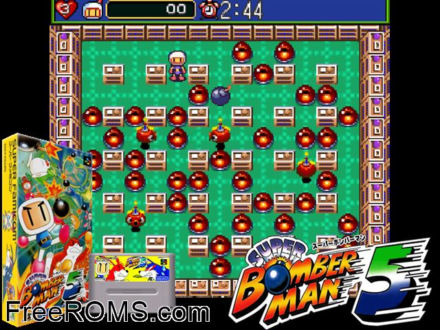 Super Bomberman 5 SNES game showing 3D box cover and gameplay screenshot