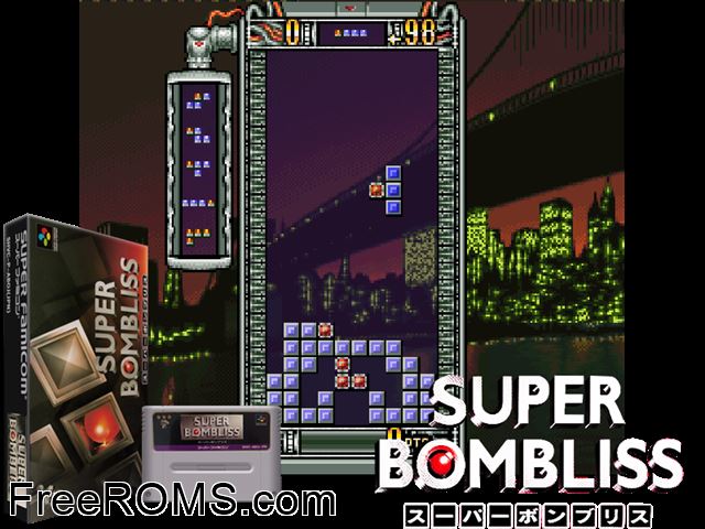 Super Bombliss SNES game showing 3D box cover and gameplay screenshot