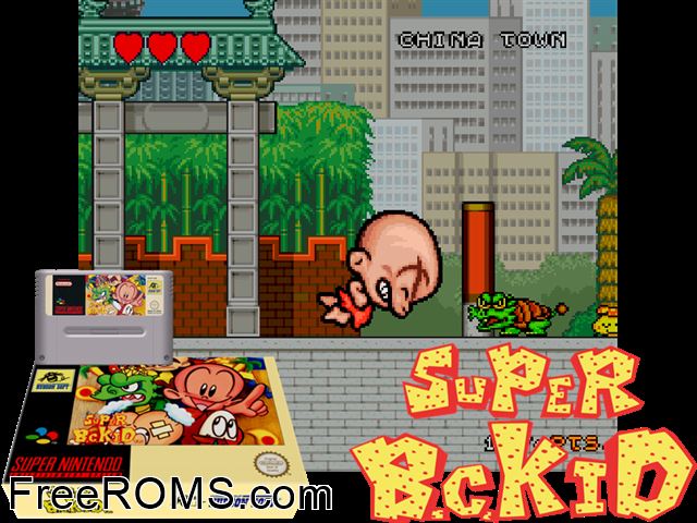 Super Bonk SNES game showing 3D box cover and gameplay screenshot