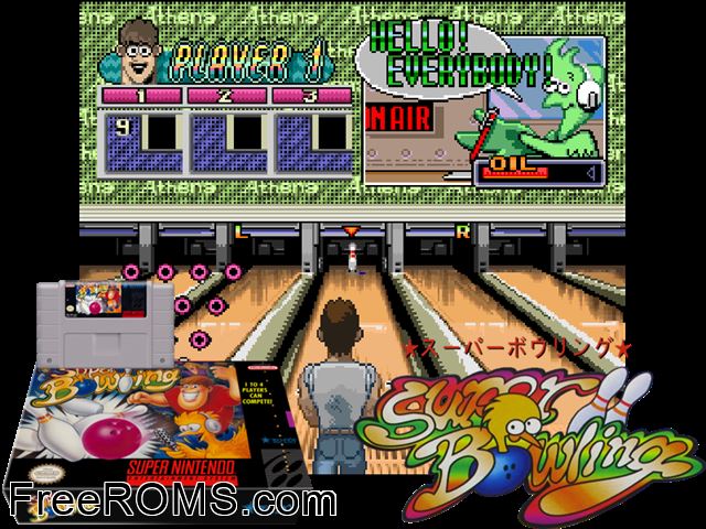 Super Bowling SNES game showing 3D box cover and gameplay screenshot