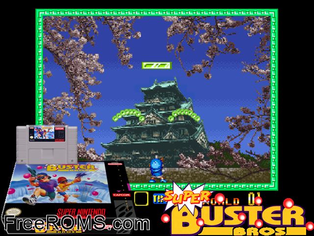 Super Buster Bros. SNES game showing 3D box cover and gameplay screenshot