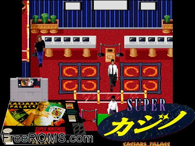 Super Caesars Palace SNES game showing 3D box cover and gameplay screenshot