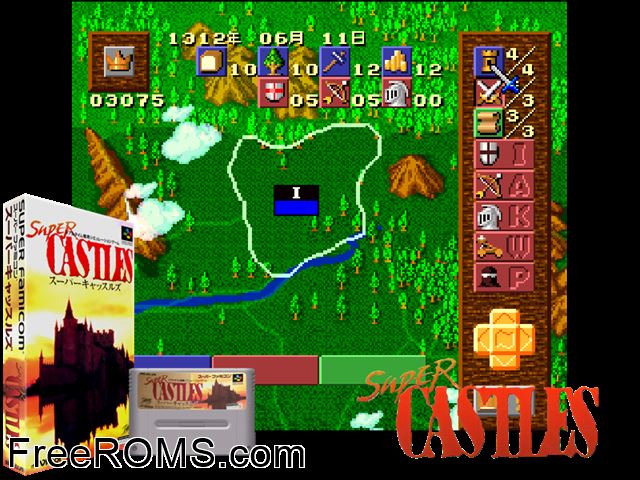 Super Castles SNES game showing 3D box cover and gameplay screenshot