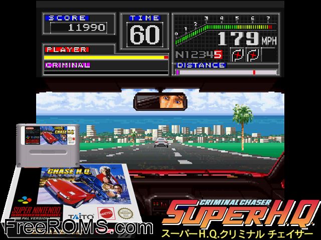 Super Chase H.Q. SNES game showing 3D box cover and gameplay screenshot