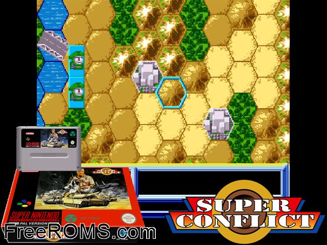 Super Conflict - The Mideast SNES game showing 3D box cover and gameplay screenshot