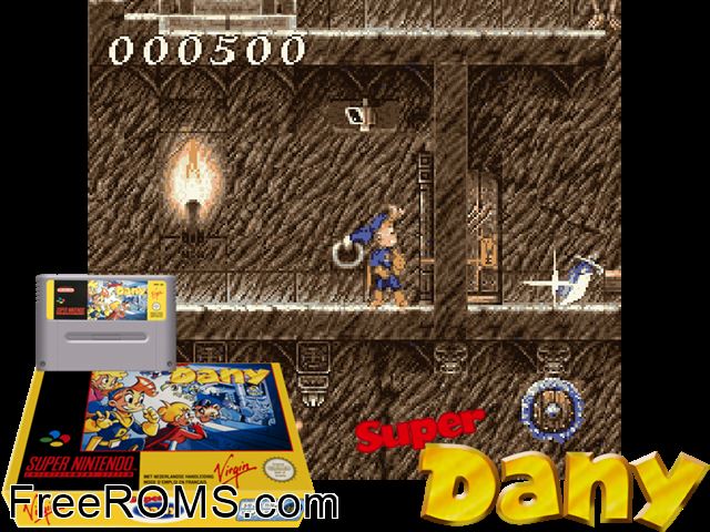 Super Dany SNES game showing 3D box cover and gameplay screenshot