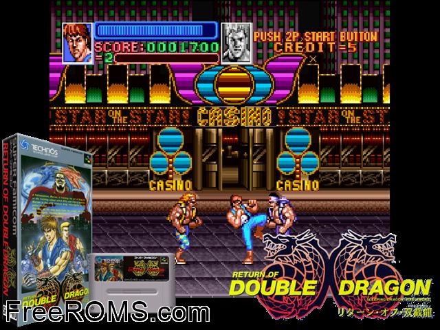 Super Double Dragon SNES game showing 3D box cover and gameplay screenshot