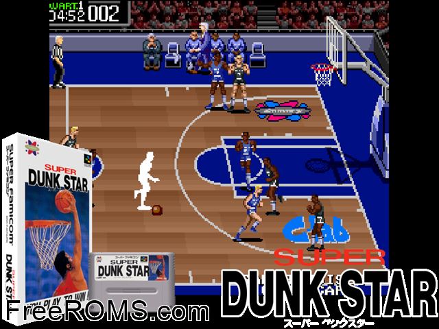 Super Dunk Star SNES game showing 3D box cover and gameplay screenshot