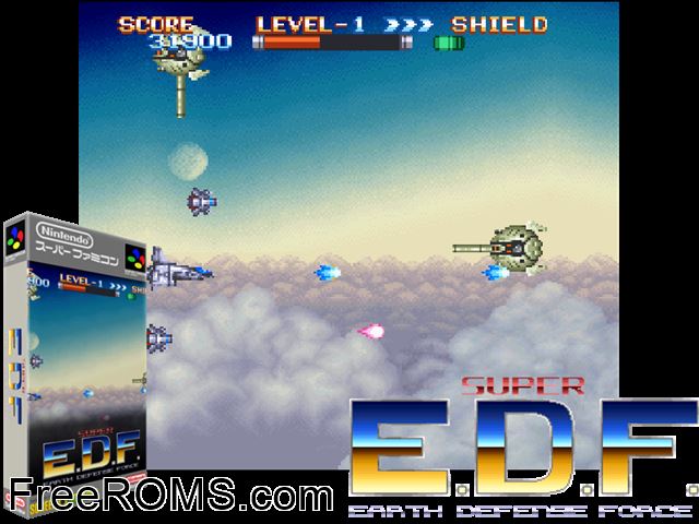 Super Earth Defense Force SNES game showing 3D box cover and gameplay screenshot