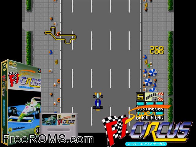 Super F1 Circus SNES game showing 3D box cover and gameplay screenshot
