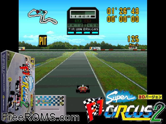 Super F1 Circus 2 SNES game showing 3D box cover and gameplay screenshot