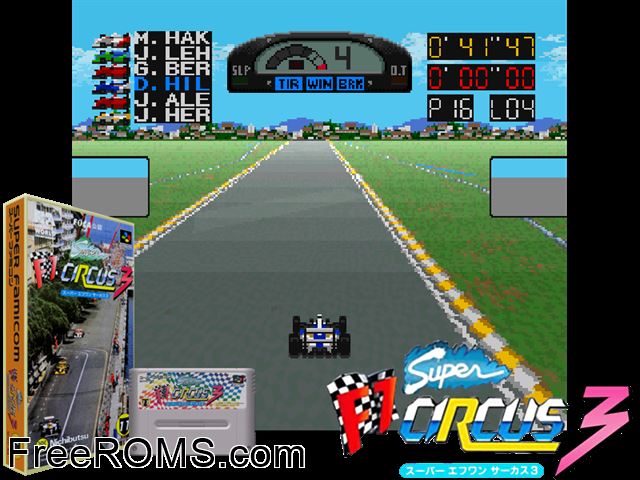 Super F1 Circus 3 SNES game showing 3D box cover and gameplay screenshot