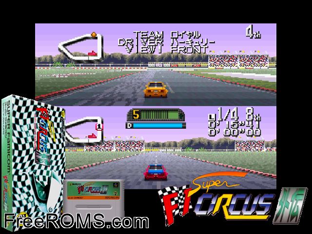 Super F1 Circus Gaiden SNES game showing 3D box cover and gameplay screenshot