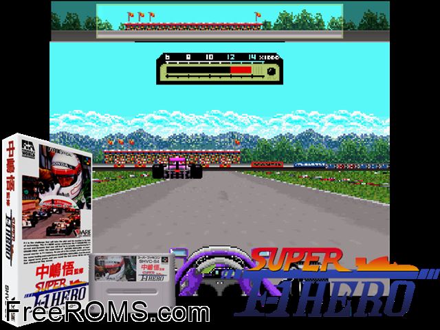 Super F1 Hero SNES game showing 3D box cover and gameplay screenshot
