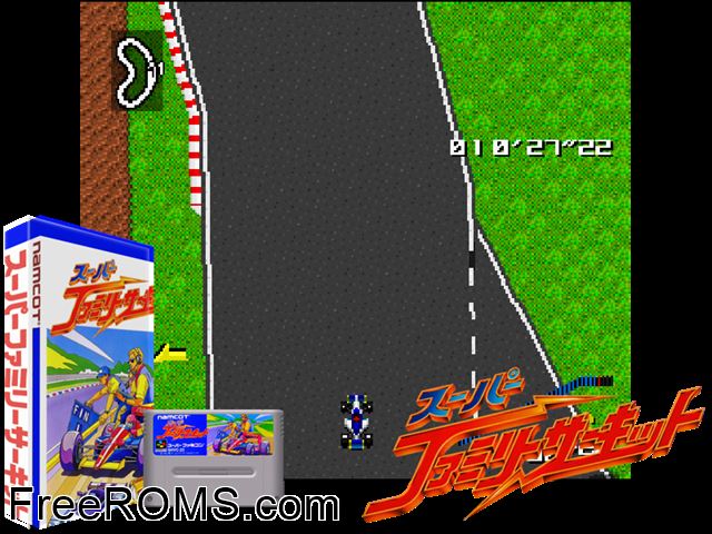 Super Family Circuit SNES game showing 3D box cover and gameplay screenshot