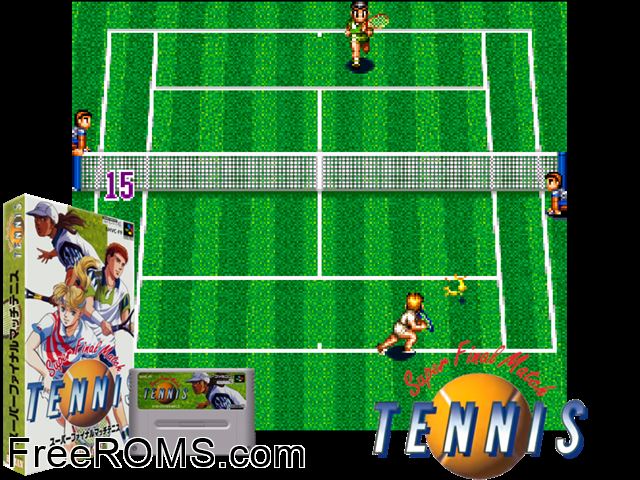 Super Final Match Tennis SNES game showing 3D box cover and gameplay screenshot