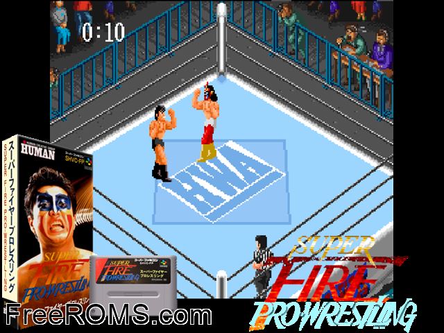 Super Fire Pro Wrestling SNES game showing 3D box cover and gameplay screenshot