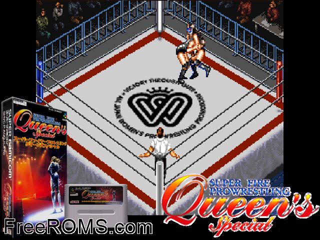 Super Fire Pro Wrestling - Queen's Special SNES game showing 3D box cover and gameplay screenshot