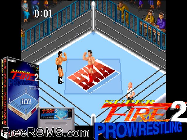 Super Fire Pro Wrestling 2 SNES game showing 3D box cover and gameplay screenshot