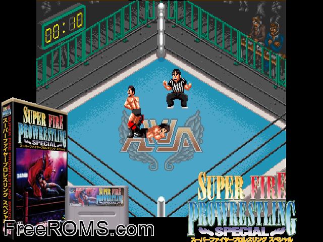 Super Fire Pro Wrestling Special SNES game showing 3D box cover and gameplay screenshot