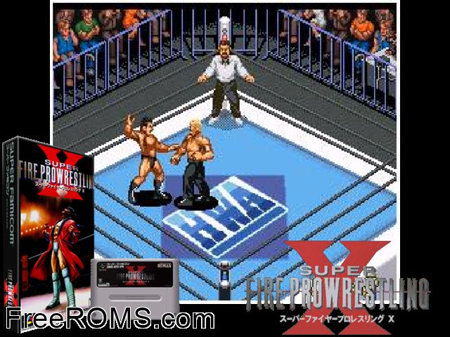 Super Fire Pro Wrestling X SNES game showing 3D box cover and gameplay screenshot