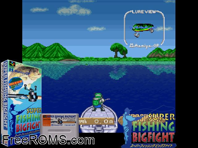 Super Fishing - Big Fight SNES game showing 3D box cover and gameplay screenshot