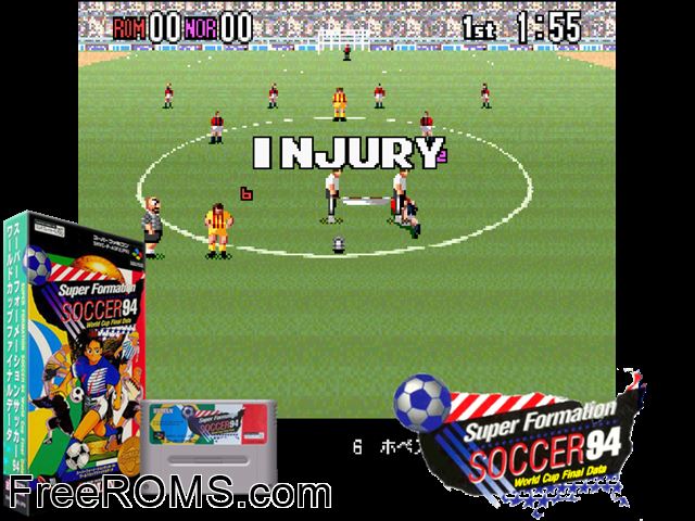 Super Formation Soccer 94 SNES game showing 3D box cover and gameplay screenshot
