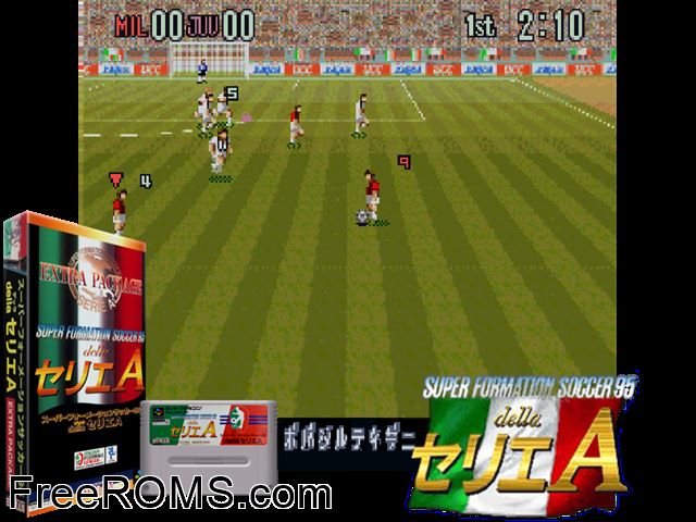 Super Formation Soccer 95 - della Serie A SNES game showing 3D box cover and gameplay screenshot
