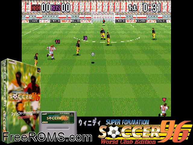 Super Formation Soccer 96 - World Club Edition SNES game showing 3D box cover and gameplay screenshot