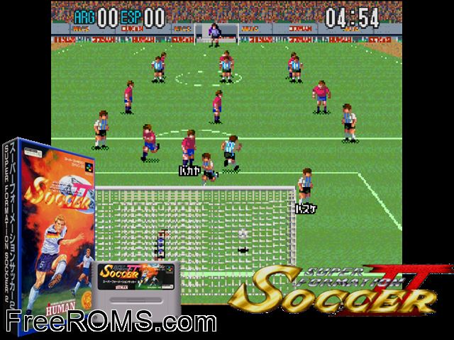 Super Formation Soccer II SNES game showing 3D box cover and gameplay screenshot