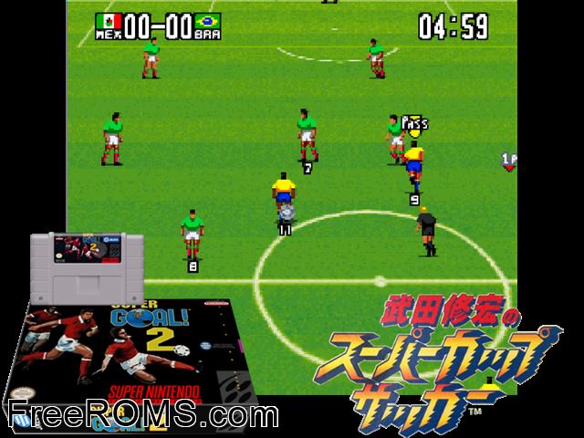 Super Goal! 2 SNES game showing 3D box cover and gameplay screenshot