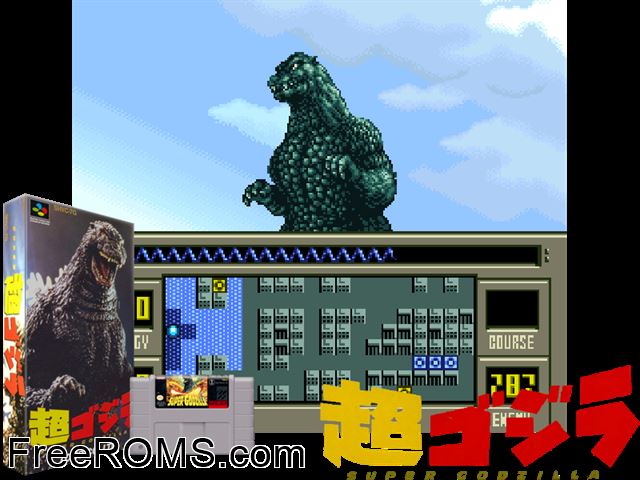 Super Godzilla SNES game showing 3D box cover and gameplay screenshot