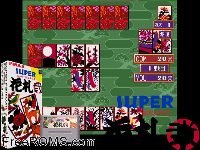 Super Hanafuda 2 SNES game showing 3D box cover and gameplay screenshot