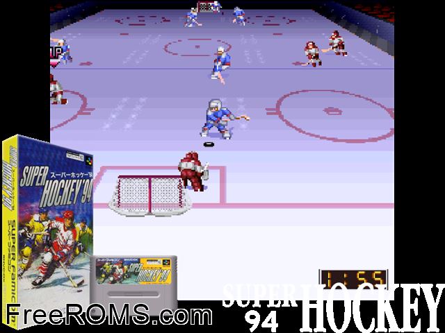 Super Ice Hockey SNES game showing 3D box cover and gameplay screenshot