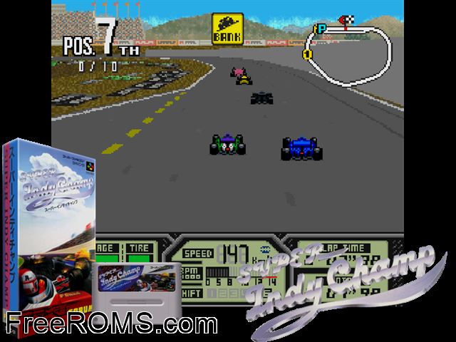 Super Indy Champ SNES game showing 3D box cover and gameplay screenshot