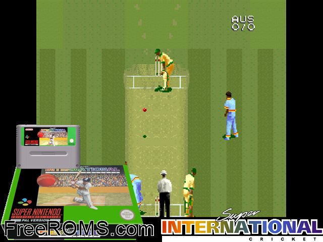 Super International Cricket SNES game showing 3D box cover and gameplay screenshot