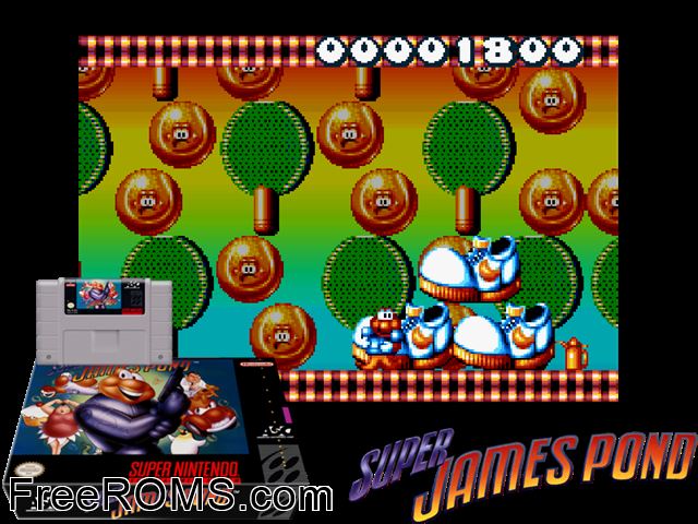 Super James Pond SNES game showing 3D box cover and gameplay screenshot