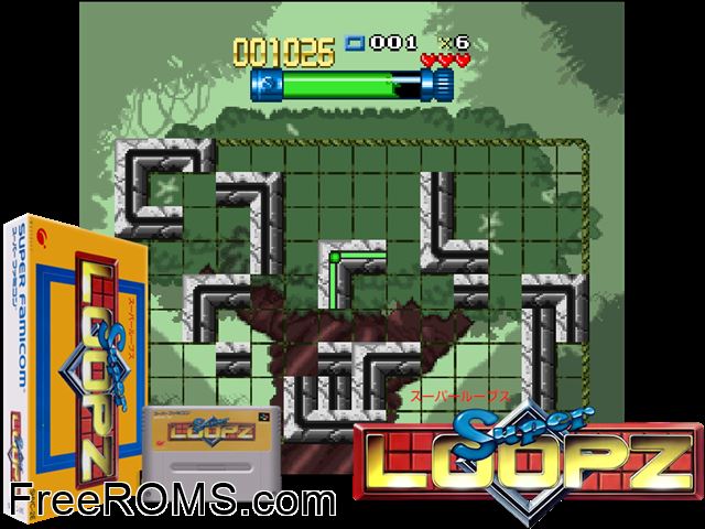 Super Loopz SNES game showing 3D box cover and gameplay screenshot