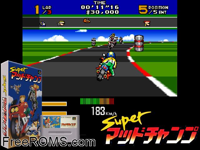 Super Mad Champ SNES game showing 3D box cover and gameplay screenshot
