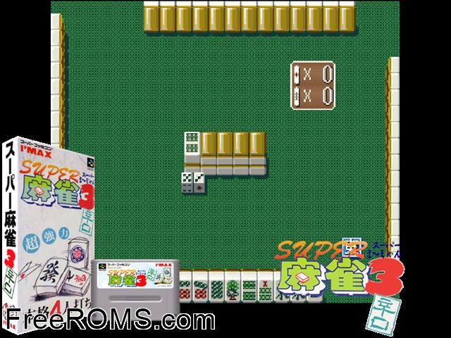 Super Mahjong 3 - Karakuchi SNES game showing 3D box cover and gameplay screenshot