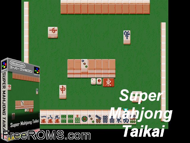 Super Mahjong Taikai SNES game showing 3D box cover and gameplay screenshot