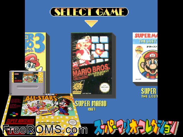Super Mario All-Stars SNES game showing 3D box cover and gameplay screenshot