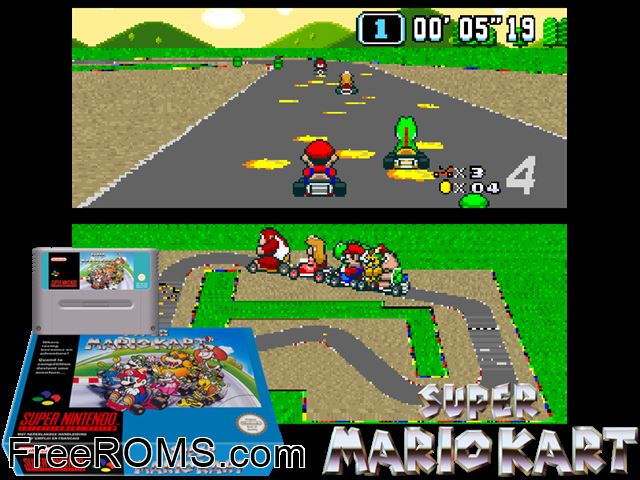 Super Mario Kart SNES game showing 3D box cover and gameplay screenshot